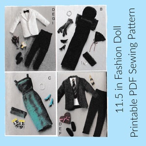 Puede incluir: Cuatro conjuntos de ropa de muñeca diferentes para muñecas de 29,2 cm. Los conjuntos incluyen un esmoquin blanco, un vestido negro, un traje negro y un vestido turquesa. Los conjuntos están dispuestos sobre un fondo gris. El texto "Patrón de costura PDF imprimible" está en la esquina superior derecha de la imagen.