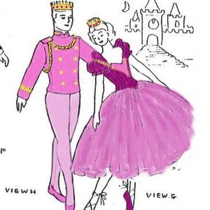 Könnte beinhalten: Eine rosa und lila Illustration eines Prinzen und einer Prinzessin in einer Ballet-Pose. Der Prinz trägt eine rosa Uniform mit goldenen Verzierungen und eine Krone. Die Prinzessin trägt ein rosa Kleid mit einem lila Oberteil und eine Krone. Der Hintergrund ist ein einfaches Weiß mit einem schwarzen Schloss in der Ferne.