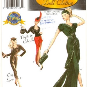 May include: A sewing pattern for doll clothes. The pattern is for 15 inch dolls and includes three different outfits: a green dress with a long train, a red skirt with a black top, and a brown dress with a matching jacket. The pattern is from Simplicity and is part of their Couturier Doll Clothes series.