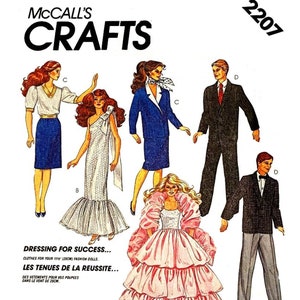 May include: A sewing pattern for making clothes for 11 1/2 inch fashion dolls. The pattern includes a white dress with a ruffled hem, a blue dress with a jacket, a blue skirt and white top, a pink ball gown, and two suits. The pattern is titled "Dressing for Success..." and "Les Tenues de la Reussite..." and is numbered 2207.