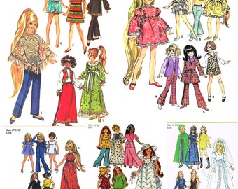 May include: A vintage sewing pattern for making doll clothes. The pattern includes instructions for making a variety of outfits, including dresses, pants, skirts, and tops. The pattern is for dolls that are 15 1/4 inches, 17 1/2 inches, and one size.