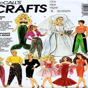 May include: A sewing pattern for making clothes for 11.5 inch (29 cm) fashion dolls. The pattern includes a mermaid costume, a wedding dress, a pair of pants, and several other outfits. The pattern is called "Fashion Firsts" and is from McCall's Crafts.