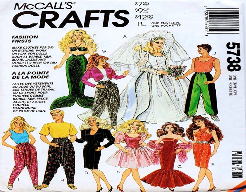 May include: A sewing pattern for making clothes for 11.5 inch (29 cm) fashion dolls. The pattern includes a mermaid costume, a wedding dress, a pair of pants, and several other outfits. The pattern is called "Fashion Firsts" and is from McCall's Crafts.