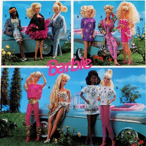 May include: A collection of ten Barbie dolls displayed in two panels, featuring various outfits including dresses, jumpsuits, and patterned sets. The dolls are posed around light blue convertible cars with the Barbie logo centred between the panels.