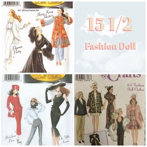May include: A set of sewing patterns for 15 1/2 inch fashion dolls. The patterns include a variety of outfits, including a pajama set, a robe, a dress, a coat, and a skirt. The patterns are printed on white paper with black ink.