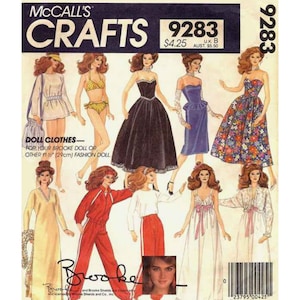 May include: McCall's Crafts pattern number 9283 for doll clothes. The pattern includes eight different outfits for a 11 1/4 inch fashion doll. The outfits include a swimsuit, a long black dress, a blue dress, a floral dress, a nightgown, a tracksuit, a white shirt and pants, and a long white dress.