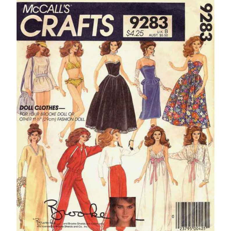 May include: McCall's Crafts pattern number 9283 for doll clothes. The pattern includes eight different outfits for a 11 1/4 inch fashion doll. The outfits include a swimsuit, a long black dress, a blue dress, a floral dress, a nightgown, a tracksuit, a white shirt and pants, and a long white dress.
