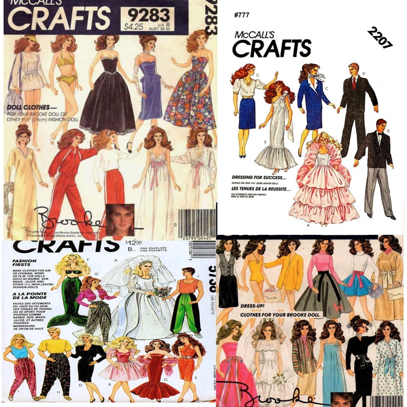May include: A collection of vintage McCall's Crafts sewing patterns for doll clothes. The patterns feature a variety of styles, including dresses, skirts, pants, and tops. The patterns are printed on white paper with black and red text. The patterns are labeled with the numbers 9283, 2207, and 3130. The patterns are for Brooke dolls.