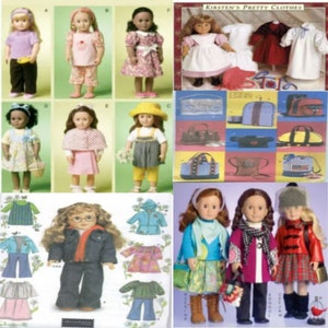 Op de afbeelding: Een verzameling poppenkledingpatronen voor het maken van outfits voor American Girl poppen. De patronen omvatten jurken, rokken, broeken, shirts, jassen en accessoires. De patronen zijn gedrukt op papier en bevatten instructies voor het naaien van de kleding.