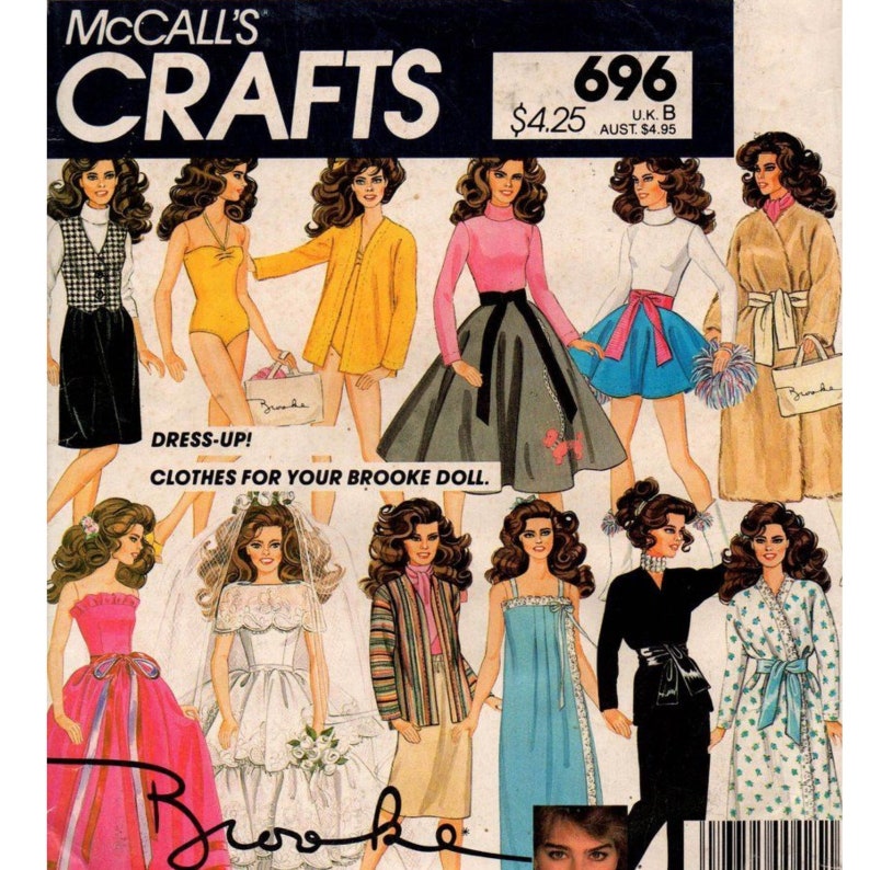 May include: A vintage McCall's Crafts pattern for making clothes for a Brooke doll. The pattern cover features illustrations of a doll wearing various outfits, including a yellow swimsuit, a black skirt, a blue dress, and a white wedding dress. The text on the cover reads "Dress-Up! Clothes for your Brooke doll."
