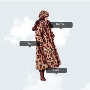 May include: A vintage doll wearing a brown and black leopard print fur coat with a matching hat. The doll is labelled "Barbie".