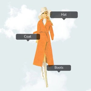 May include: A woman wearing a white hat, an orange coat, and white boots. The woman is standing in front of a cloudy sky.
