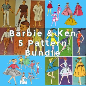 May include: A collage of vintage Barbie and Ken doll sewing patterns. The patterns feature a variety of outfits, including dresses, skirts, pants, and a robe. The text on the collage reads "Barbie & Ken 5 Pattern Bundle".