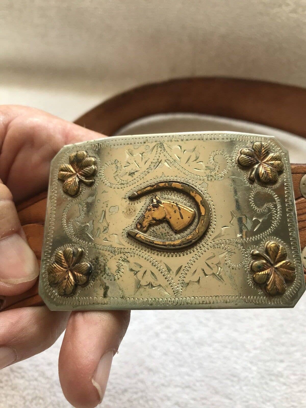 Vgt Ricardo nickel silver and bronze oak leaf western belt buckle. Vintage Ricardo Oak Leafs Nickel Silver Western Belt Buckle  main image 2