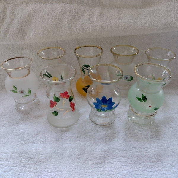 Bartlett Collins? some frosted glass hand painted 4" mini-vases 8 total colorful