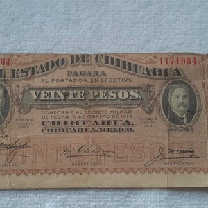 W.A. Snake King Brownsville, Tex. Veinte Pesos, 20 pesos bill 1915, Chihuahua