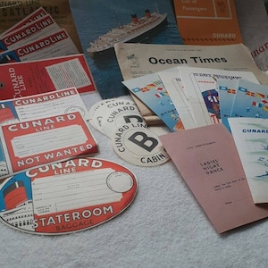 Cunard Line RMS Queen Elizabeth 1965 cruise 33 items, tags decals programmes...
