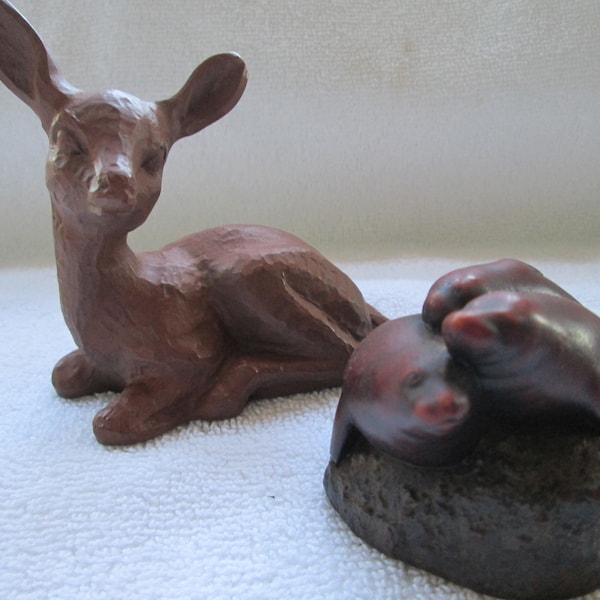 Red Mill 1988 deer fawn, pecan shell and resin, orig label, 3 1/2" by 4", BOMA Canada, seals, orig label, 3" by 1  3/4"