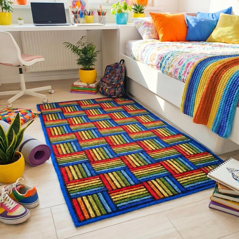 Colorful wool rug with geometric pattern placed in a girl’s room, soft tones adding warmth and playful accent