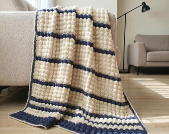 White Navy Wool Bobble Stripe Throw, Textured Crochet Blanket for Sofa or Bed