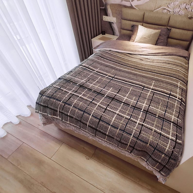 Wolgebreide deken grijs wit geruit patroon geometrische merinowol, 51 x 67 inch afbeelding 3