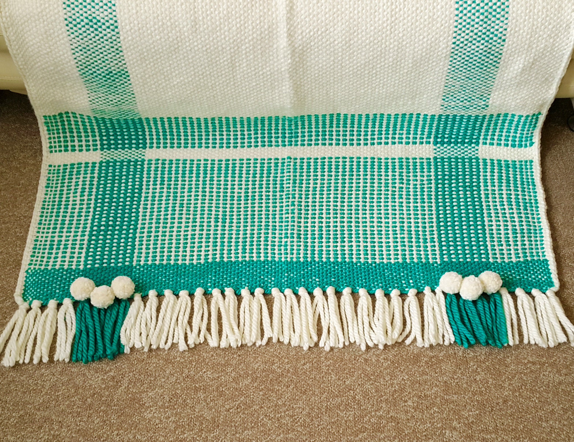 Woven throw Turquoise throw Chunky blanket white Wool Etsy