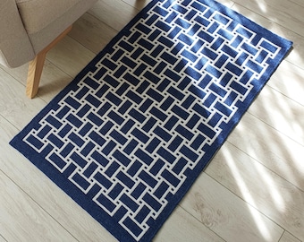 Navy White Wool Woven Rug, Basket Weave Reversible for Bedroom