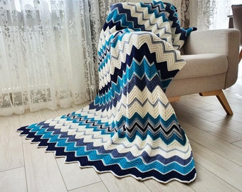 Manta de lana tejida a crochet, color turquesa, azul y blanco, 120 x 215 cm