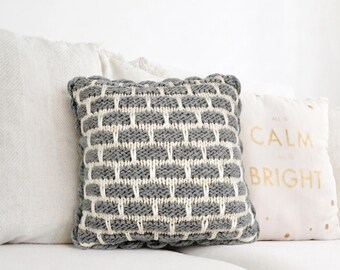 Gray Cream Merino Wool Knit Pillow, Textured Sofa Accent Pillow
