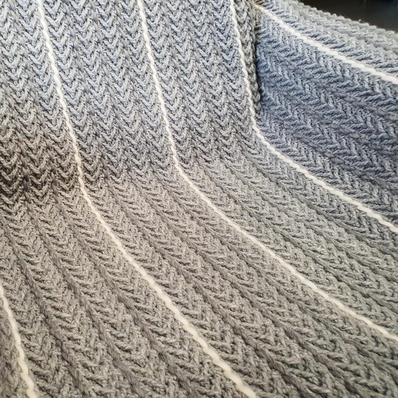 May include: A soft, textured blanket in shades of gray and blue, with white vertical stripes. The blanket has a woven pattern, creating a cozy and inviting appearance. The color gradient adds depth and visual interest to the textile.