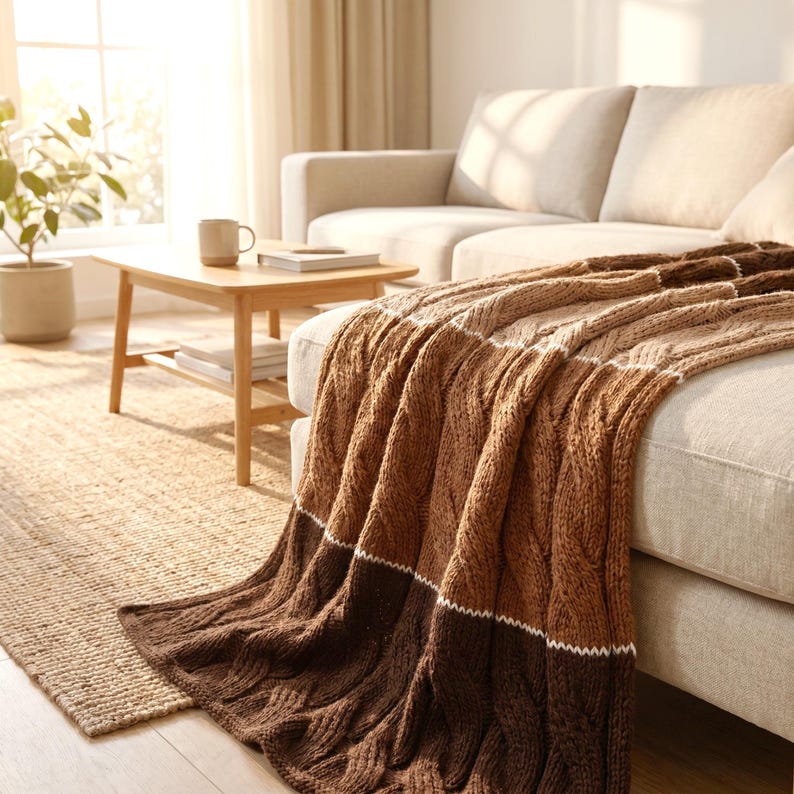 handmade knit verino wool throw blanket on a coach in a cozy modern living room