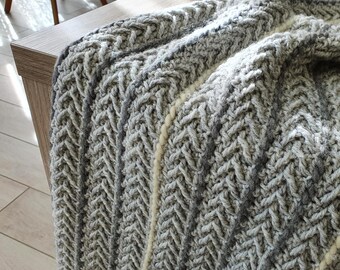 Crochet wool blanket, Beige or Gray Striped, Warm modern throw, Sofa soft blanket