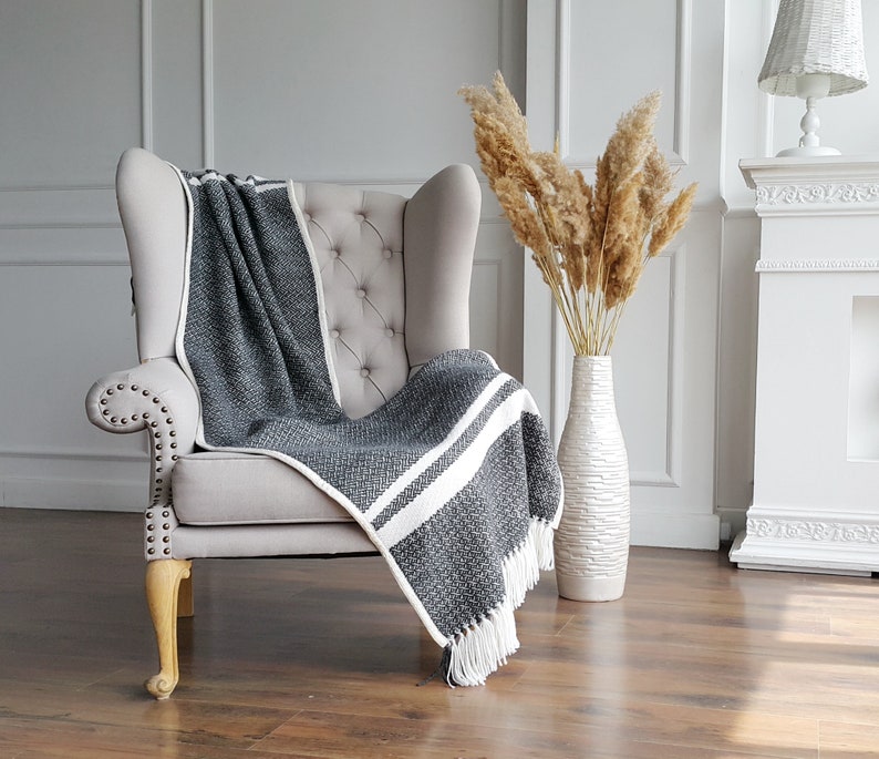 Handwoven Woven bed runner Sofa blanket Woven wool throw Black throw blanket Woven blanket gray Wool blanket Knitted throw 28x76