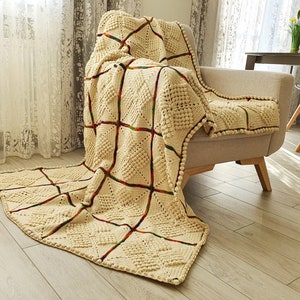 Crochet squares blanket Wool Beige throw blanket with Rainbow lines Sofa blanket Gift to old, 51x73 image 2