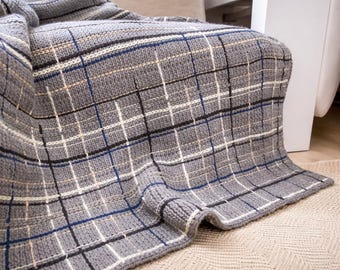 Wolgebreide deken grijs wit geruit patroon geometrische merinowol, 51 x 67 inch