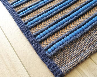 Blue Striped Wool Rug: Handwoven Boucle Mat 55"x26"