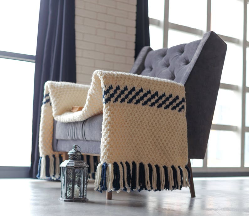 Knit throw blanket white Striped deep blue Wool blended sofa blanket image 8