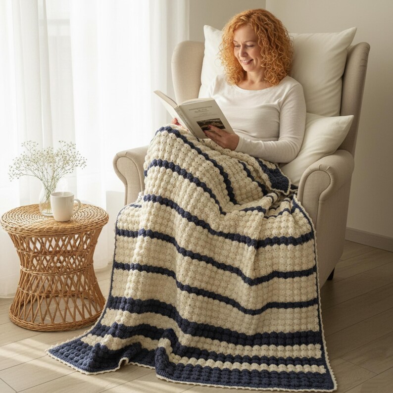 Crochet Wool Throw Blanket, White and Blue Striped, Boho Decor, 57"x77" image 1