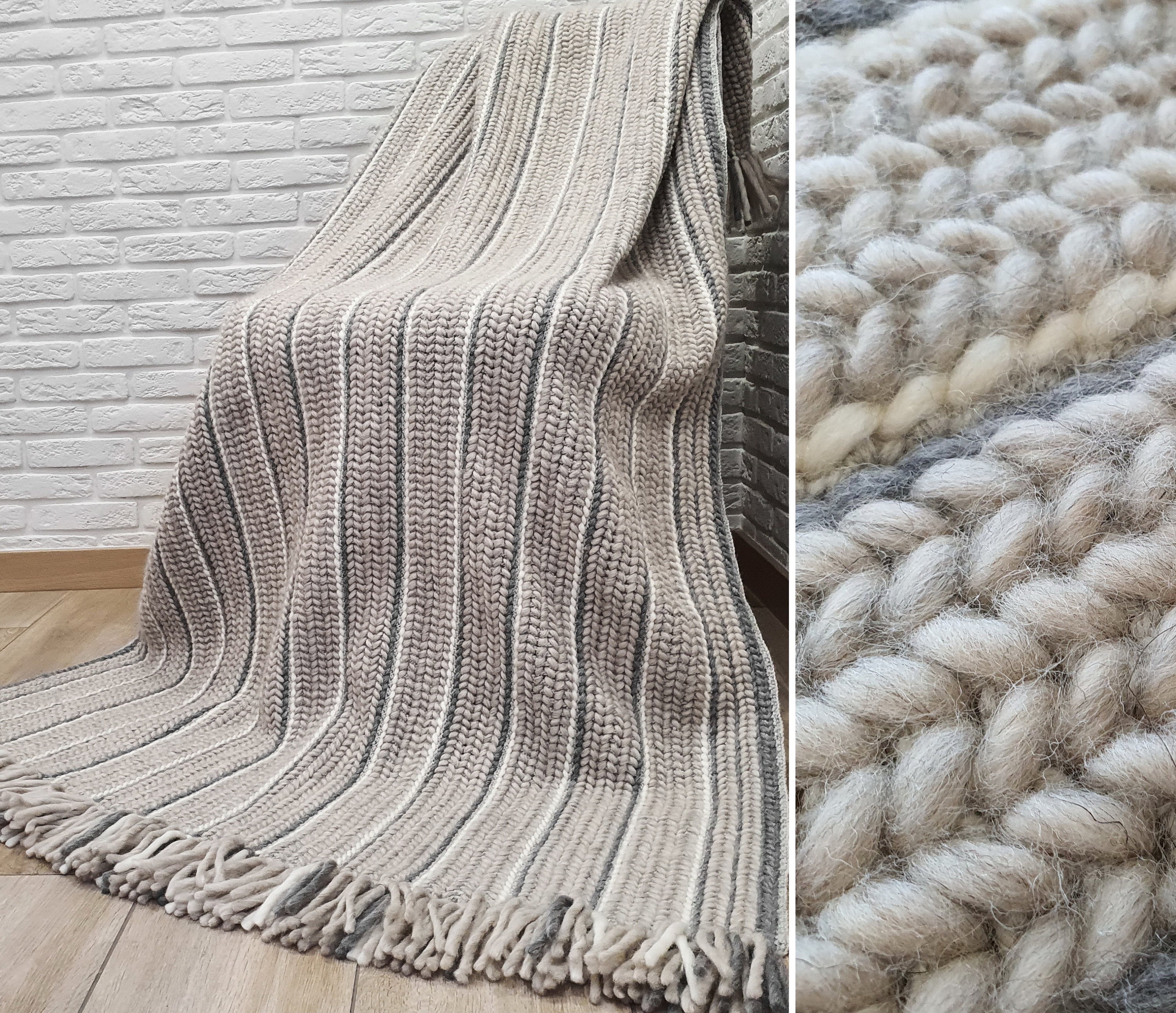 Crochet Chunky Braided Throw Blanket Gray White Merino Wool Knit