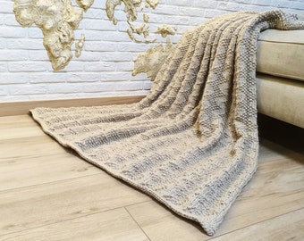 Merino Wool Throw Blanket Soft Layer Handmade Knit Neutral Cozy Modern Living Textile
