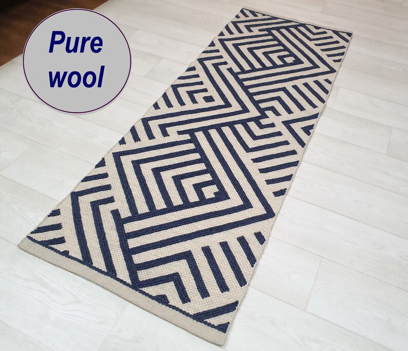 Wool rug Geometric Blue White Small Woven Bedside rug Wool mat Etsy