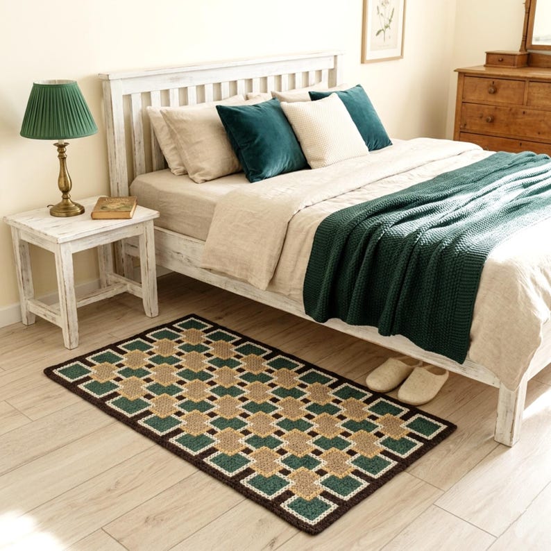 May include: A rectangular rug with a geometric pattern in shades of green, tan, and brown sits on a light wood floor. The rug is in front of a bed with a white frame, beige bedding, and green throw blanket and pillows. A green lamp and side table are to the left.