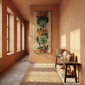 Wall hanging wool panel with green leaves and floral elements, handmade fiber art decoration