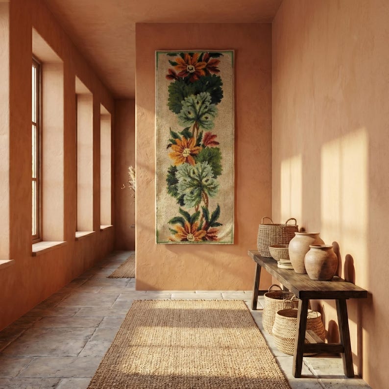 Wall hanging wool panel with green leaves and floral elements, handmade fiber art decoration