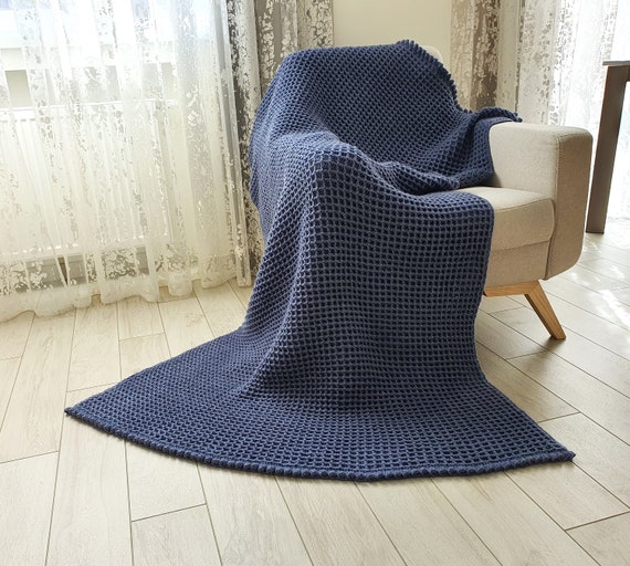 Crochet Wool Blanket Waffle Pattern Blue Wool Throw Sofa Small Blanket,  Gift to Old, 47x73 