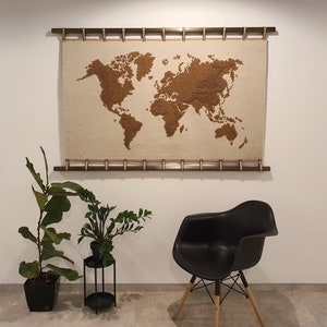 Woven hanging World Map Wall embroidery panel Brown Wool tapestry Gift for a traveler