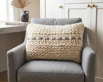 Cream Chunky Knit Wool Pillow, Hand Knit Throw Cushion, Scandi Sofa Decor