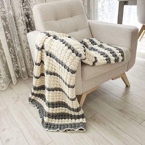 Crochet wool throw blanket White and Gray Striped Merino wool Sofa small blanket, Gift to old, 48&quot;x53&quot;