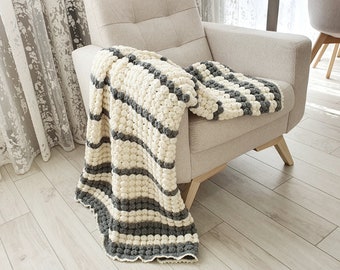 Crochet Merino Wool Throw Blanket White & Gray Striped Sofa Blanket