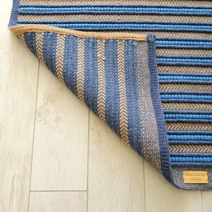 Small Blue Wool Rug Bedside Wool Rug Blue Striped, Woven Small Blue Mat Sheep Felted Yarn ...